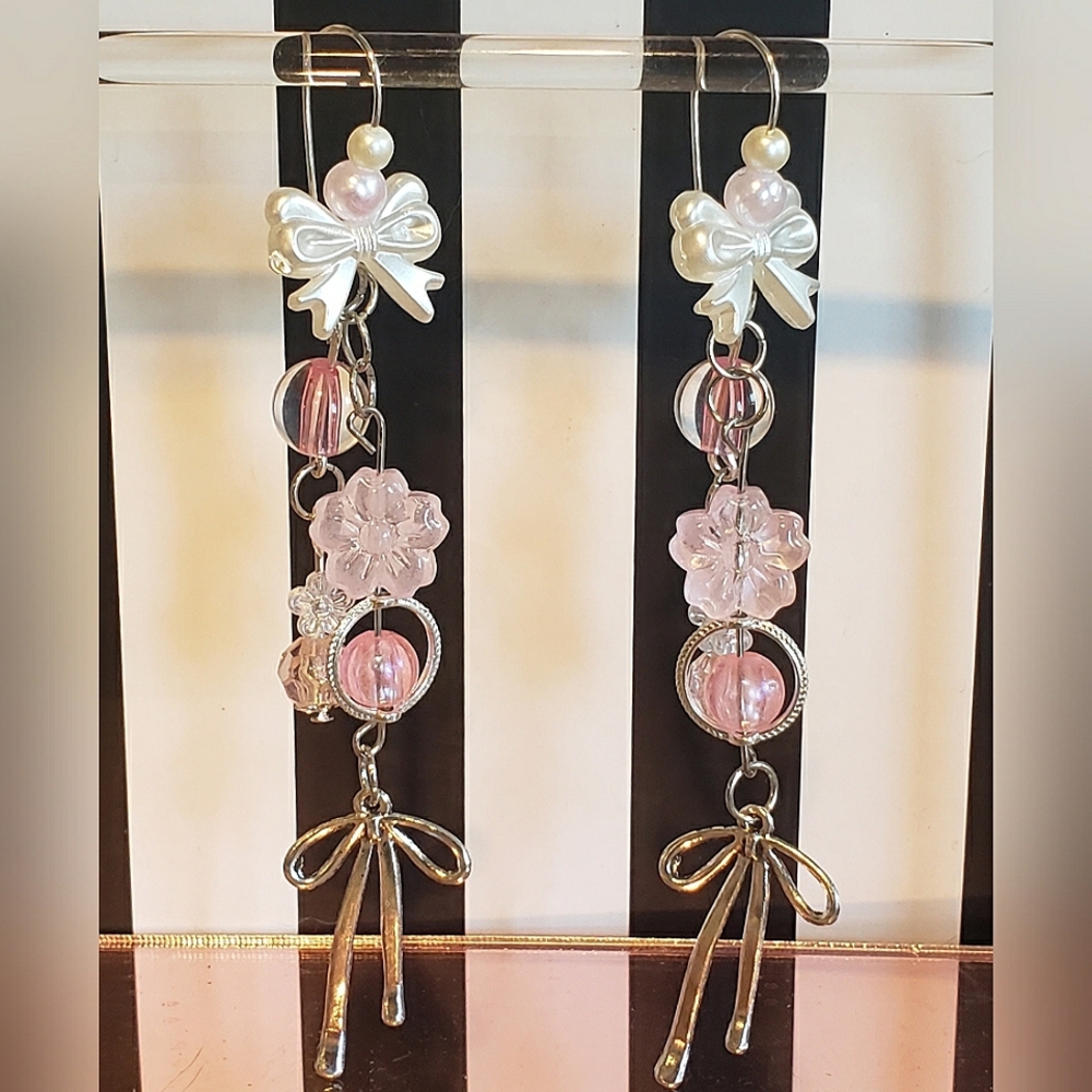 Handmade Cute Dangle Earrings With Flower Beads & Faux Pearl Beads & Bow Charms